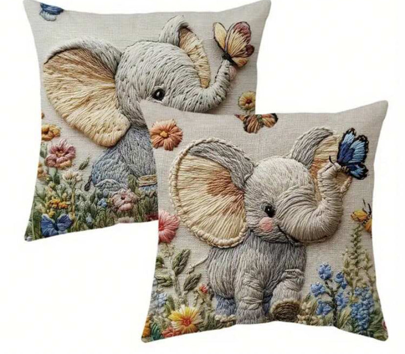 2 pcs Bohemian Elephant & Floral Throw Pillow Covers
