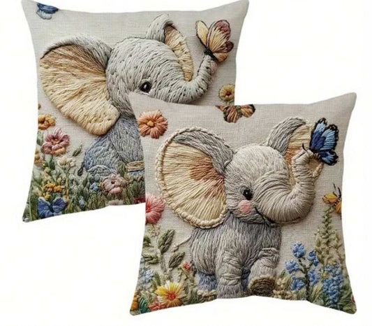 2 pcs Bohemian Elephant & Floral Throw Pillow Covers