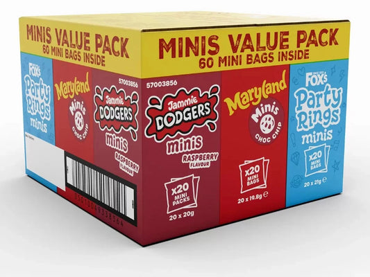 Fox Mini Biscuit Variety Pack 60 Count – Jammie Dodgers, Maryland Choc Chip & Party Rings Minis – Individually Wrapped Snack Packs – Kids Lunchbox, Party & Bulk Biscuits