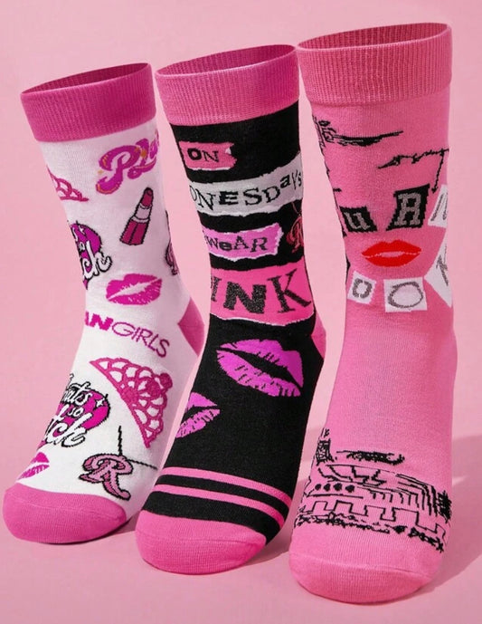 Mean Girls  3 Pairs Soft & Breathable Moisture-Wicking Casual Sweet Women Mid-Calf Socks