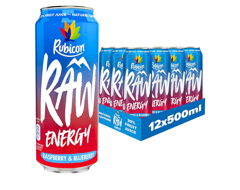 Rubicon RAW 12 Pack Raspberry & Blueberry 500ml Energy Drink, 20% Real Fruit Juice, High caffeine with B-Vitamins, Ginseng & Guarana, No Artificial Colours or Flavours, Reduce Tiredness & Boost Energy