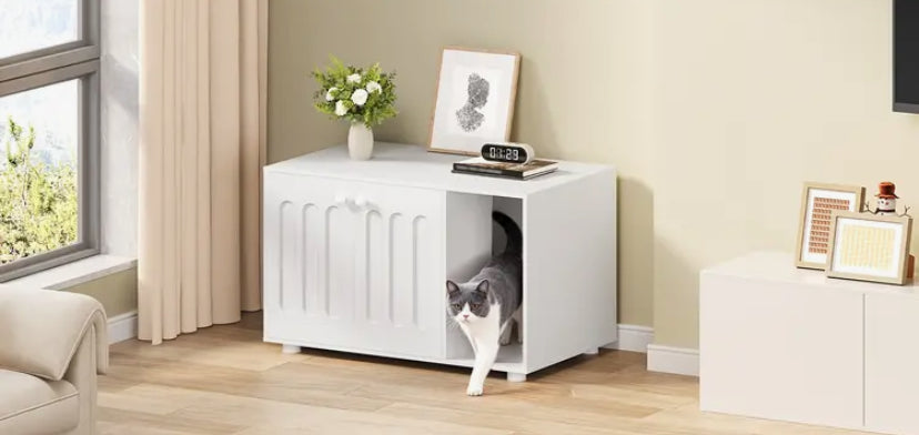 Hidden Cat Litter Box Cabinet | Wooden Litter Cupboard with Legs, 2 Doors and Independent Partition, Modern Style, 80 x 48 x 51 cm, White
