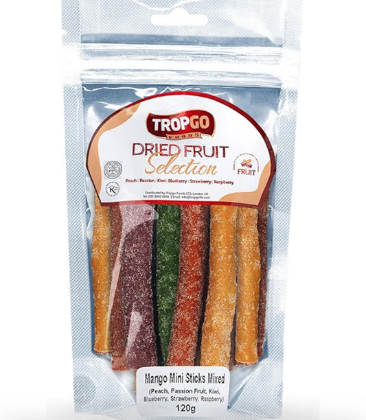 Tropgo Dried Fruit Bites - Mango Mini Sticks Mixed - Peach, Passion, Kiwi, Blueberry, Strawberry, Raspberry, 120.0 gram