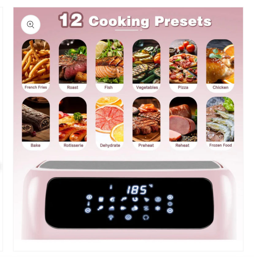 12L Air Fryer Oven with Rotisserie, Family Sized, with 12 Presets, Electric Mini Oven, Oil Free, 90-Minute Timer, Cookbook, 6 Accessories, 1800W, Pink