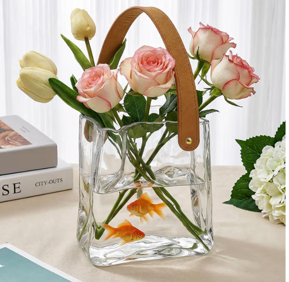 Glass Bag Vase for Flowers, Unique Purse Vases with Leather Handle