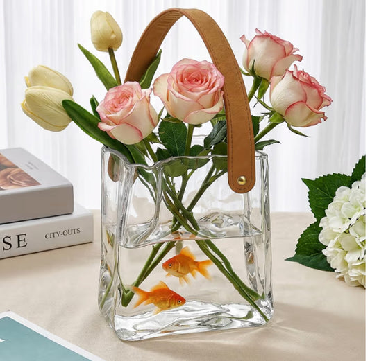Glass Bag Vase for Flowers, Unique Purse Vases with Leather Handle