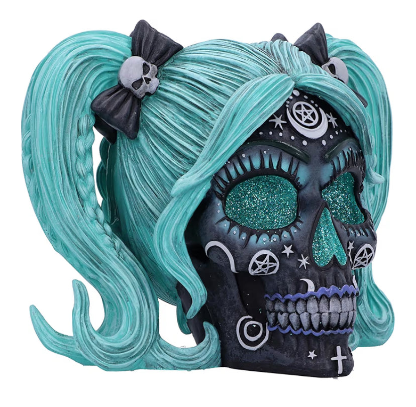 Nemesis Now Drop Dead Gorgeous Cute and Cosmic Figurine 19.5cm, Resin, Witchy Doll Skull Ornament, Female Turqoise and Black Skull with Glitter Eyes, Cast in the Finest Resin, Expertly Hand-Painted