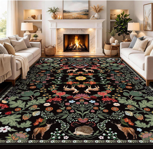 Vintage Black Rugs Living Room Bedroom Nursery Cute Deer Animal Rug, Ultra Soft Upgraded TPR Non-Slip Carpet for Kids Playroom, Pet Friendly Non-Shedding Machine Washable Area Rug, 160x230cm