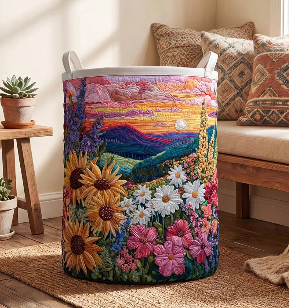 Quilted Laundry Basket With Handles, Large Floral Boho Fabric Storage Basket Foldable Soft Clothes Organizer Bin for Nursery House, Laundry Room