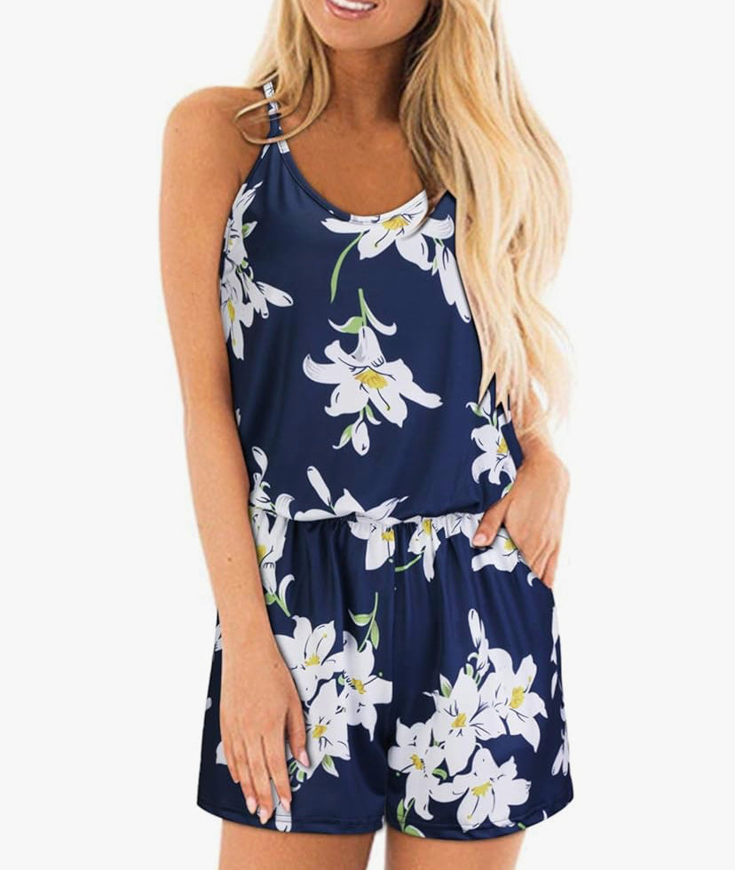 Womens Summer Beach Playsuits Floral Spaghetti Strap Casual Short Jumpsuit