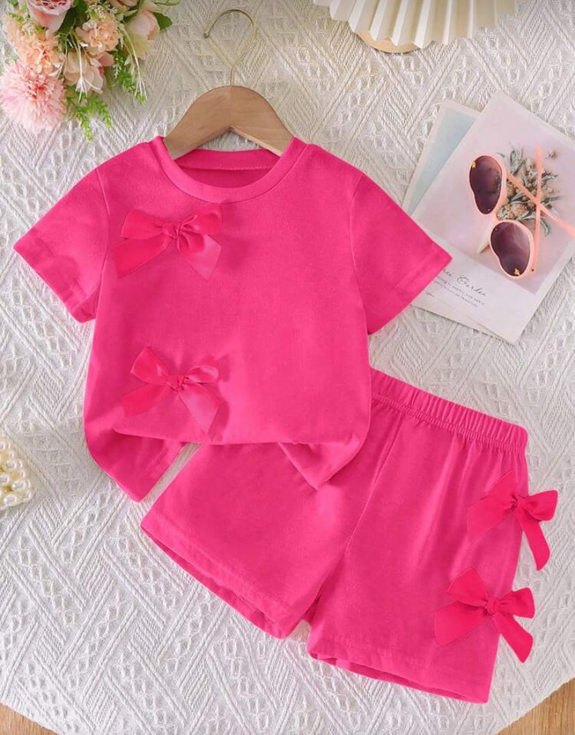 2pcs/Set Girls Casual Cute Daily Round Neck Short Sleeve Cropped Tee With 3D Bow Decor And Elastic Waist Shorts Girls Cute Set