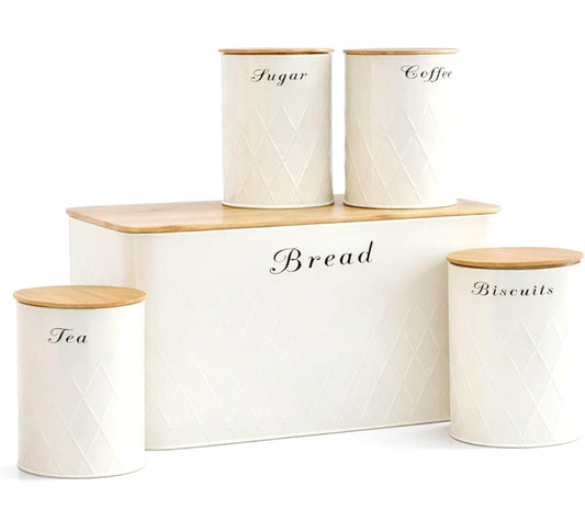 Oypla 5pc Bamboo Lid Kitchen Canister Storage Tin Set Bread Biscuits Tea Sugar Coffee (Black)