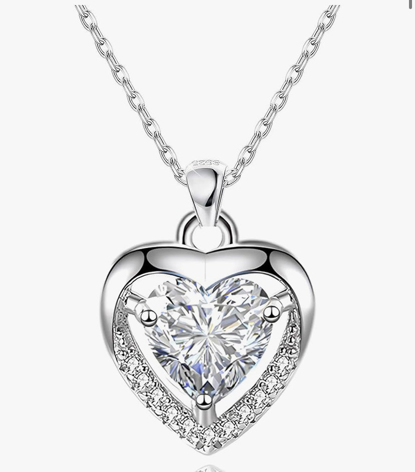 Silver Heart Necklace, 925 Sterling Silver Chain with Crystal Heart for Women - Adjustable, Perfect for Birthday Gifts