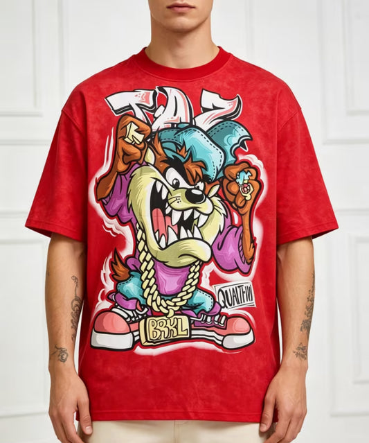 Men's Plus Size Red Distressed 3D Print T-Shirt - Hip Hop Grimace & BRKL Slogan Streetwear Top with Golden Chain Design | Oversized Loose Fit Crew Neck Short Sleeve