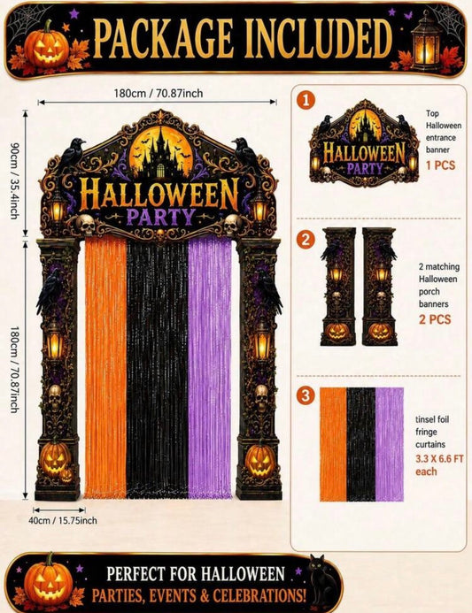 5pcs Halloween Door Decor Set, Halloween Party Entrance Arch Banner With Foil Fringe Curtain, Porch Sign Banner