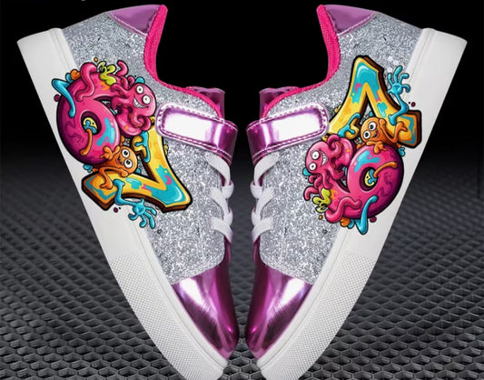 Girls' Sneakers with Cartoon Octopus Strap, Red And Silver Color-Blocked Design, Casual Shoes, Lightweight, Non-Slip, Breathable, Princess-Style Sneakers, Student Shoes