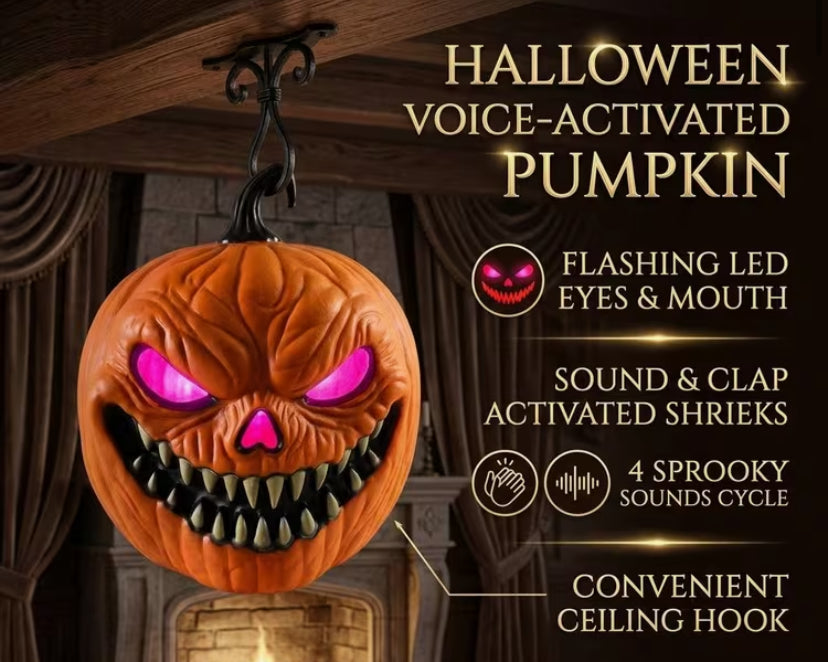 Halloween Decoration - Hanging Large Toothy Pumpkin Ornament, Voice-Activated Slapping Light-Up Sounding Pumpkin Lantern