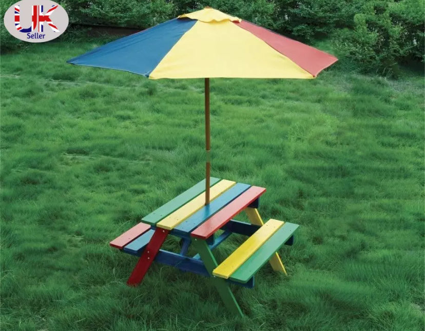 Wooden Rainbow Garden Furniture Picnic Table Children Bench Parasol Set Kids