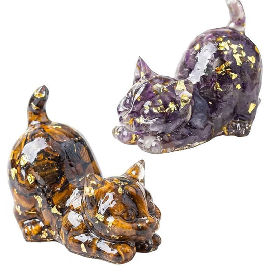 2 Pcs Amethyst Crystal Cat Figurine Tigers Eye Curled-Tail Cat Ornaments
