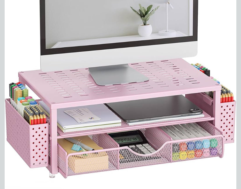 Monitor Stand Riser, Desk Accessories and Organizer with Drawer and 2 Pen Holder, Desk Monitor Riser for Screen, Ergonomic Desktop Stand for Work Office Accessories (Pink)