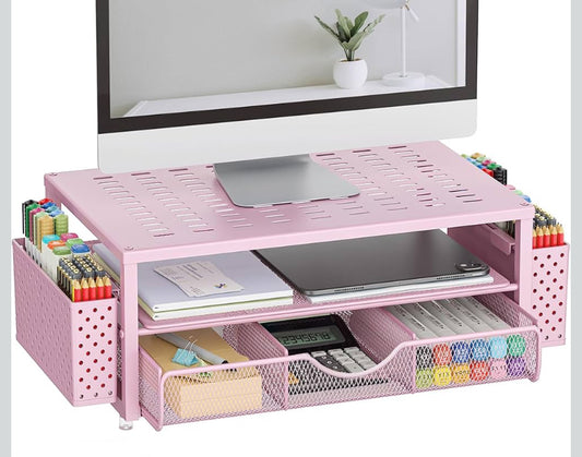 Monitor Stand Riser, Desk Accessories and Organizer with Drawer and 2 Pen Holder, Desk Monitor Riser for Screen, Ergonomic Desktop Stand for Work Office Accessories (Pink)