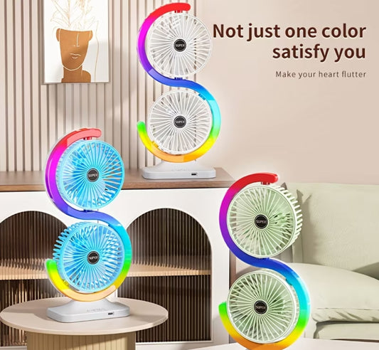 USB Charging Desktop Circulating Lighting Fan, Convenient Dual Head Air Conditioning Fan, Five Level Adjustment, 180 ° up and Down Adjustment, Nine Level Colorful Ambient Lighting, Suitable for Camping, Office, Dormitory, Summer Cooling