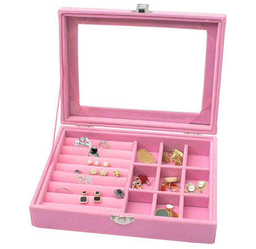 Jewelry Storage Case, 9 Grid Velvet Jewelry Box, Ring Display Box, Earrings Organizer with Clear Lid Lockable Jewellery Showcase for Rings, Earrings, Necklace (Pink)