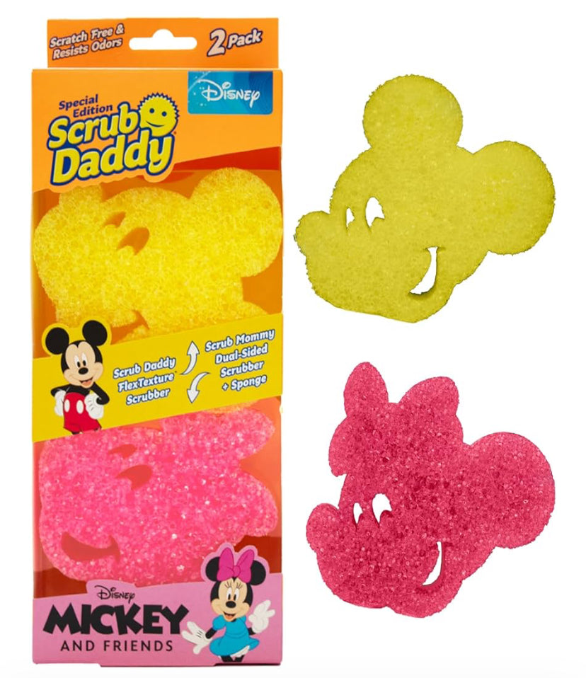 Scrub Daddy Disney Mickey Mouse & Minnie Mouse Dish Sponge Twin Pack, Smiley Sponges for Cleaning & Washing Up, Kitchen Non Scratch Scourers with FlexTexture, Firm & Soft Dishwashing Scrubber