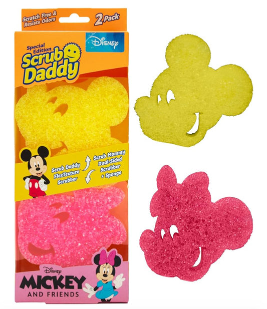 Scrub Daddy Disney Mickey Mouse & Minnie Mouse Dish Sponge Twin Pack, Smiley Sponges for Cleaning & Washing Up, Kitchen Non Scratch Scourers with FlexTexture, Firm & Soft Dishwashing Scrubber