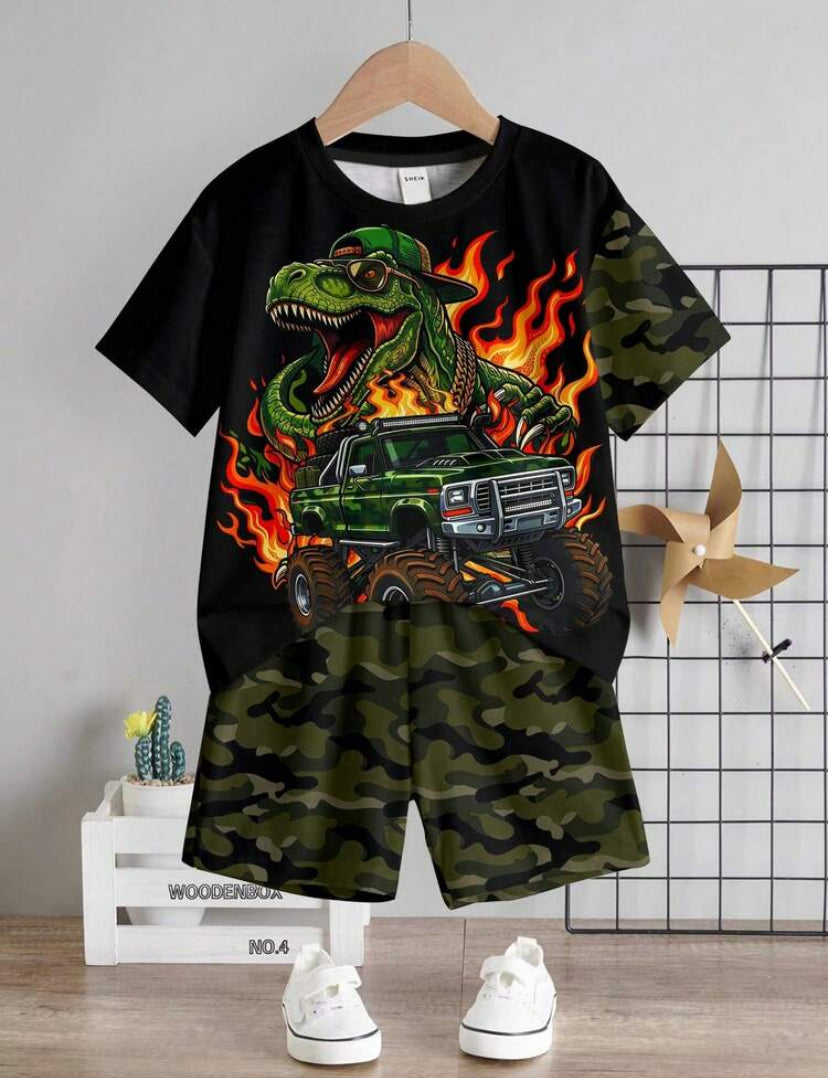 2pcs/Set Young Boy Casual Dinosaur Print Graffiti Handpainted T-Shirt And Shorts Set