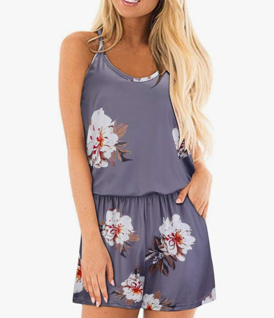 Womens Summer Beach Playsuits Floral Spaghetti Strap Casual Short Jumpsuit