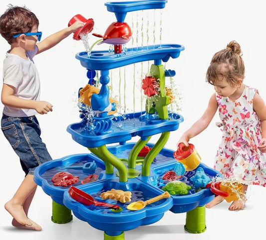 3/4 Tier Kids Sand And Water Table, 3-in-1 Sensory Play Table with Shovels, Buckets, Molds & Rake, Outdoor Activity Playset for Backyard & Beach