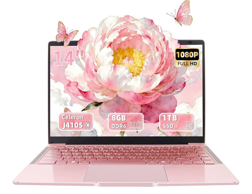 14" Rose gold Laptop Computer, 4 core processor Celeron J4105 [faster than N4000 and AMD3020e], 8GB RAM, 1TB SSD, FHD IPS Screen, HDMI, WiFi, BT, USB 3.0, Ultra Light Portable Student Notebook