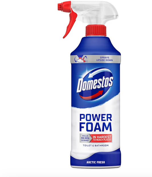 Domestos Power Foam Arctic Fresh Toilet & Bathroom Cleaner Spray sprays upside down & eliminates 99.99% of germs* for cleaning inside the toilet & around the bathroom 450 ml