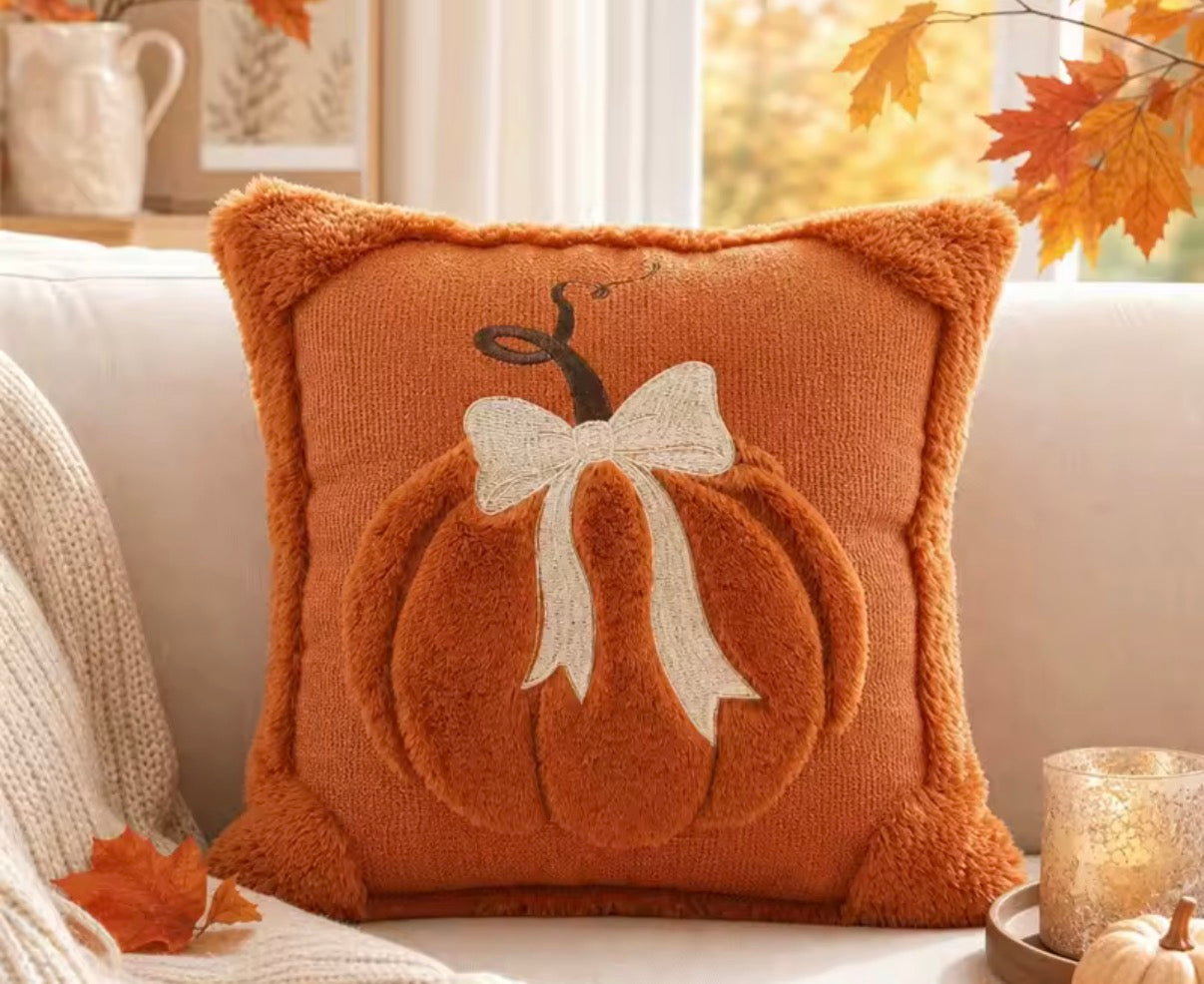 3D Plush Pumpkin Throw Pillow with Bow Fuzzy Fluffy Cushion Covers
