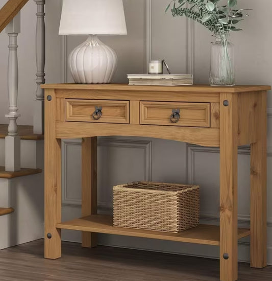 Corona 2 Drawer Console Table 1 Shelf Hallway Side Unit Solid Mexican Pine
