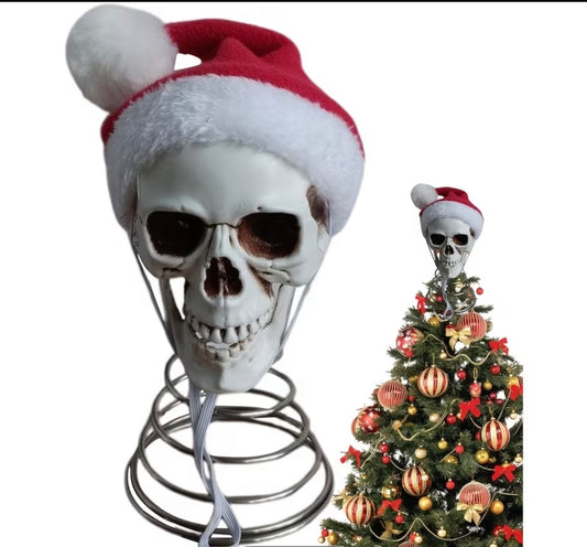 Gothic Skull Tree Topper with Santa Hat