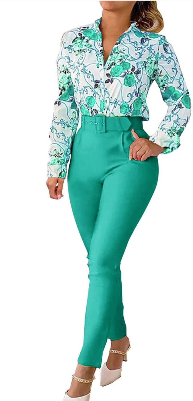 Leisure Wear Sets for Women Uk 2 Piece Outfits Floral Elegant Tracksuit Stand Collar Long Sleeve Shirt High Waisted Trousers
