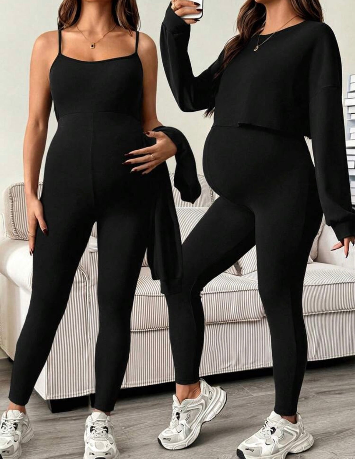 2pcs/Set Maternity Solid Color Drop Shoulder Long Sleeve T-Shirt And Jumpsuit Casual Outfit