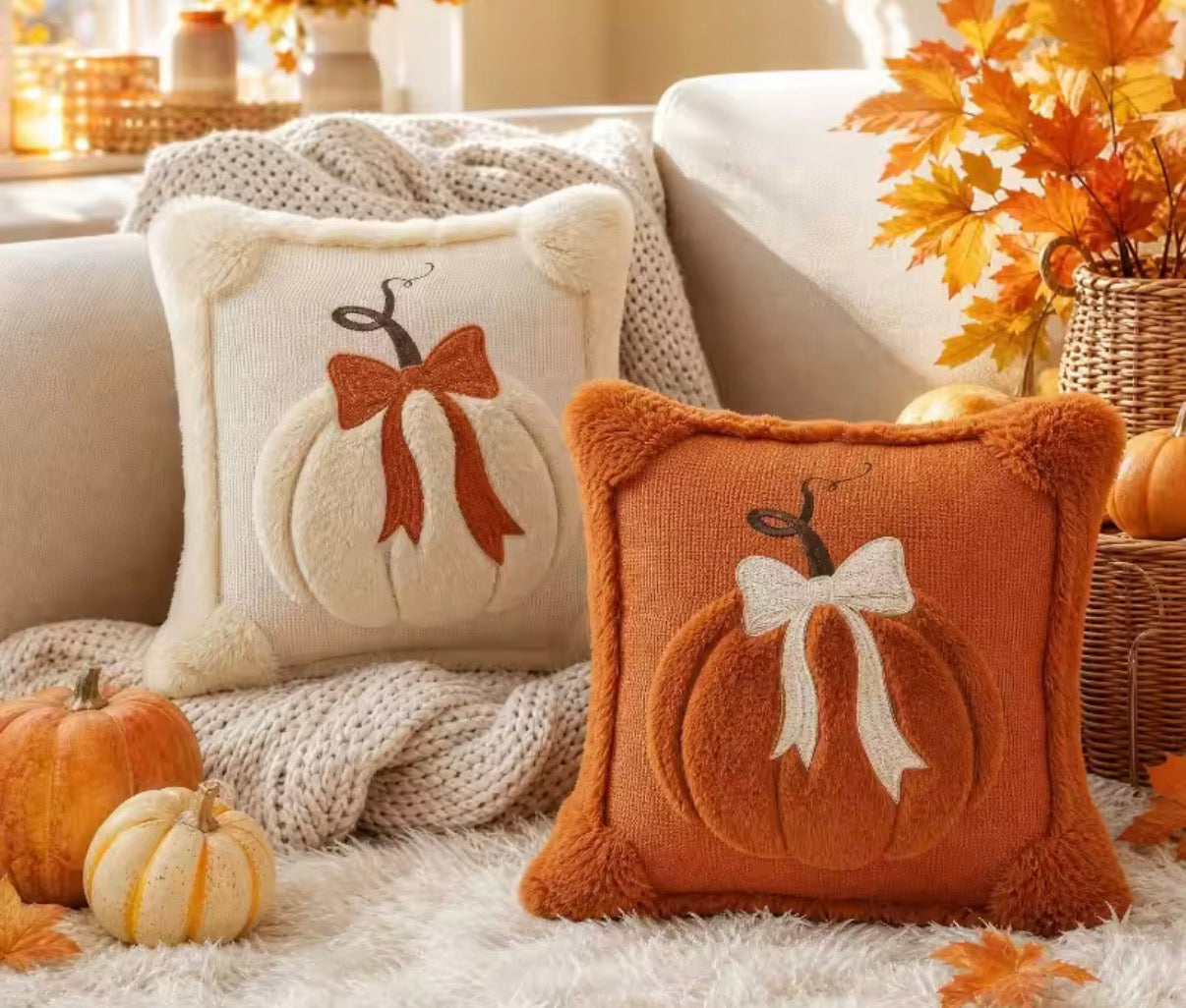 3D Plush Pumpkin Throw Pillow with Bow Fuzzy Fluffy Cushion Covers
