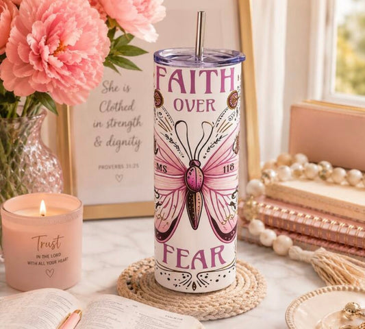 1pc 20oz Faith Over Fear Butterfly Christian Themed Insulated Tumbler
