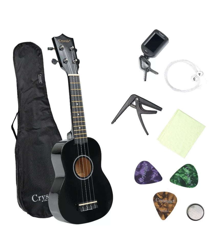 21" Soprano Beginners Ukulele with Gig Bag, Felt Pick & Spare Strings – Black