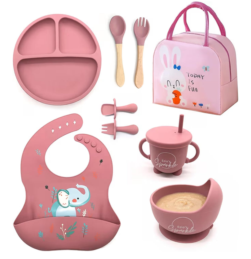7-Piece Baby Weaning Set – BPA-Free setslicone Strong Suction setsd Plate, Teather, Baby Bowls w/Extended Curved Lip, Baby Spoons, Baby Bibs w/Catcher – Micro & Dishwasher Safe Toddler Cutlery Set
