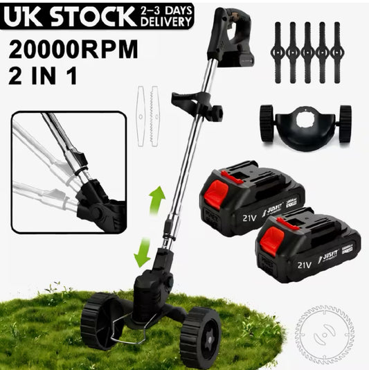 Cordless Electric Lawnmower from The UK, 2-In-1 Garden Trimmer, Suitable for Lawns, Includes 2 Batteries,Model with Wheels
