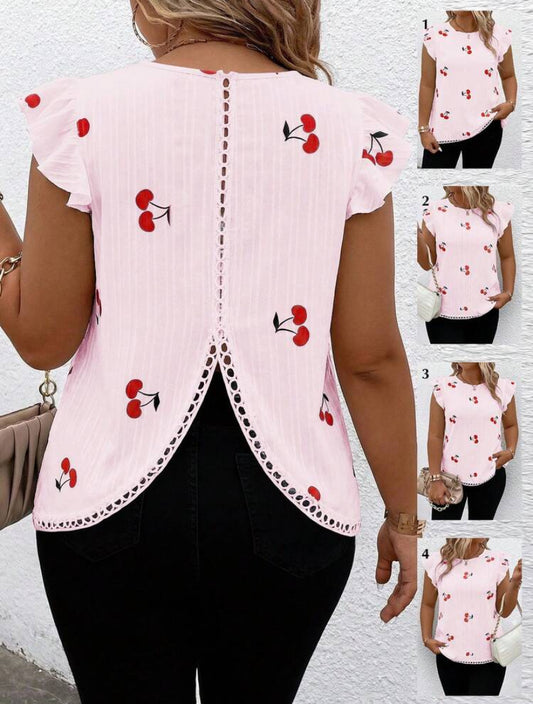 Plus Size Cherry Print Textured Fabric Ruffle Asymmetrical Hem Short Cap Sleeve