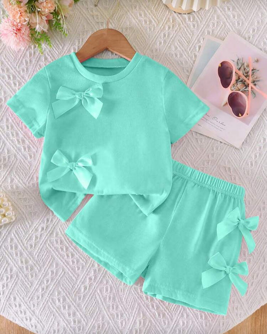 2pcs/Set Girls Casual Cute Daily Round Neck Short Sleeve Cropped Tee With 3D Bow Decor And Elastic Waist Shorts Girls Cute Set