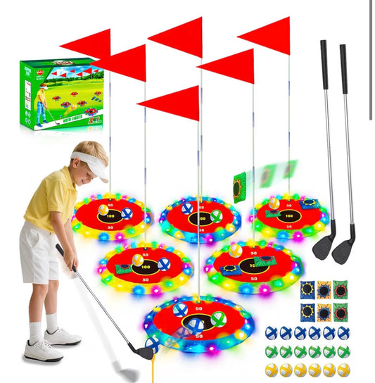 2-in-1 Light up Golf Toy Set- Golf Chipping & Bean Bag Toss with 6 LED Targets, 2 Clubs, 18 Balls, Night Golfs Play for Indoor Outdoor Party Yard Golfer Gifts Sports Toys for Kids 5-12