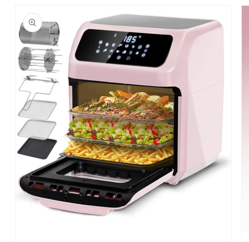 12L Air Fryer Oven with Rotisserie, Family Sized, with 12 Presets, Electric Mini Oven, Oil Free, 90-Minute Timer, Cookbook, 6 Accessories, 1800W, Pink
