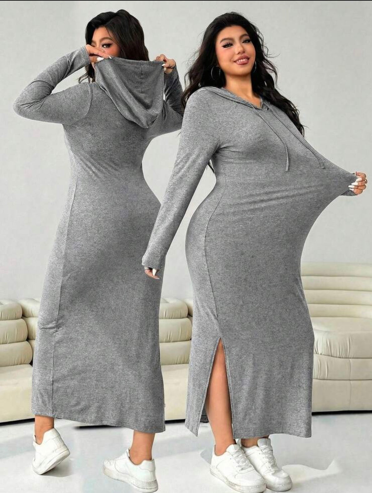 Women Casual Drawstring Hooded Split Hem Dress