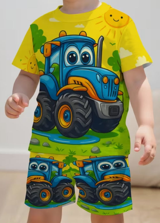 Boy Cute Cartoon Animated Car 3D Printing Design, Short Sleeved Pullover and Sports Shorts Set
